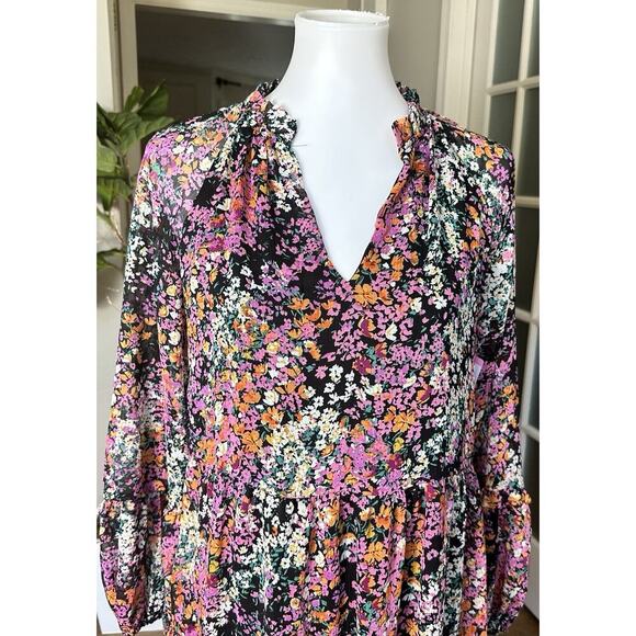 Vince Camuto V-neck Floral Tiered Ruffle Chiffon Mini Dress Women's Medium New - Picture 2 of 6